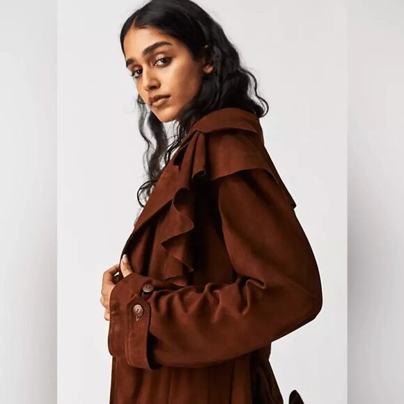 Free People Brenda Knight Nigel Preston Long Trench Coat XL Lambskin Suede NEW - Picture 2 of 9